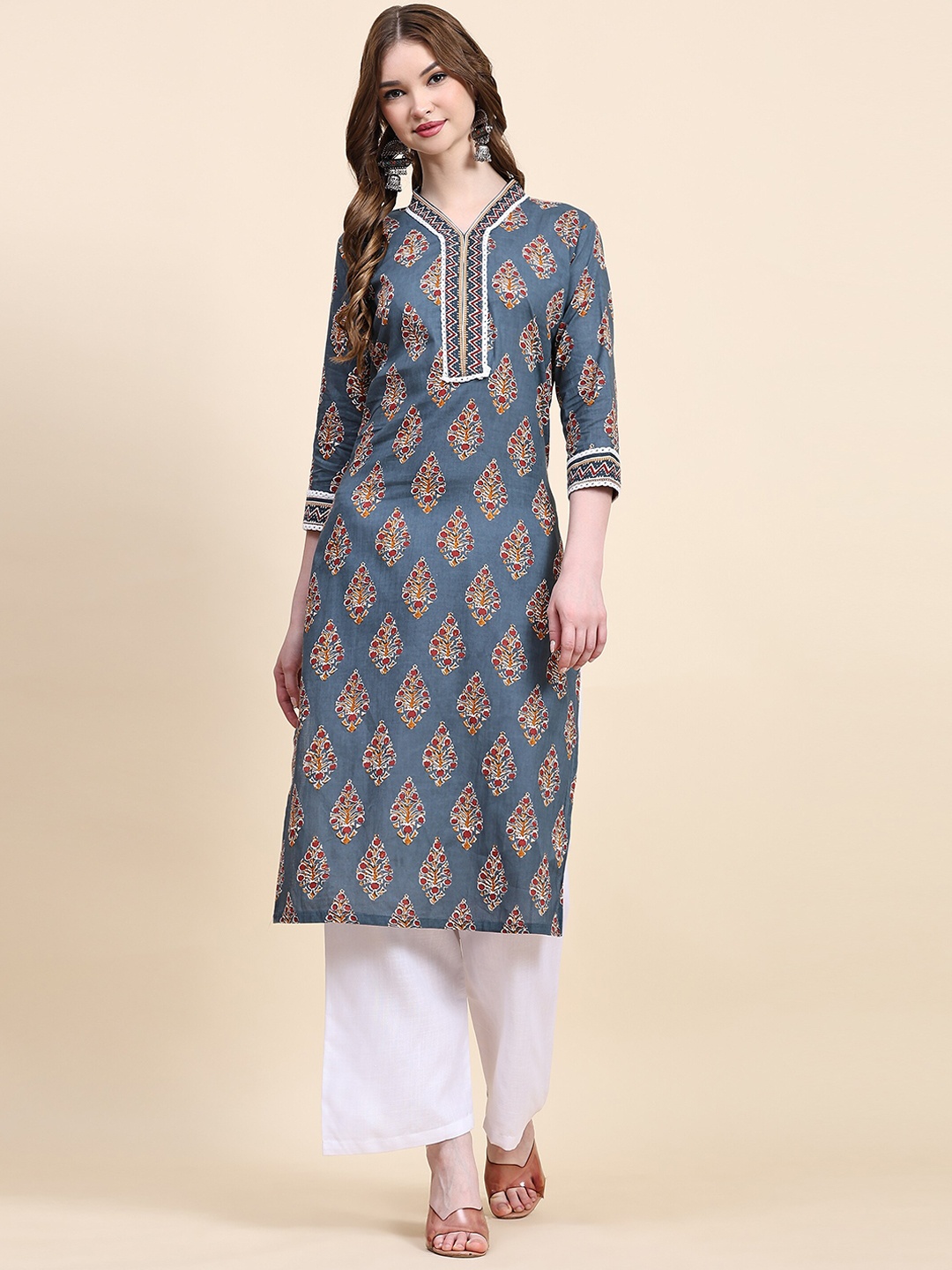 

Nimidiya Ethnic Motifs Printed Regular Pure Cotton Kurta With Trousers, Blue