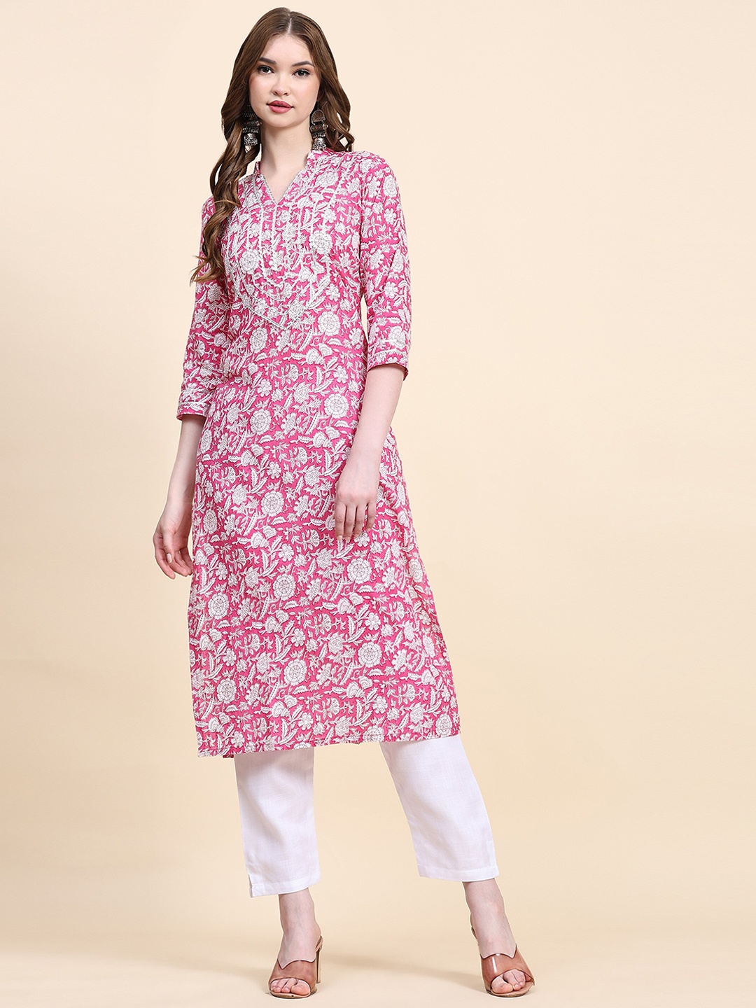 

Nimidiya Floral Printed Regular Pure Cotton Kurta With Palazzos, Pink