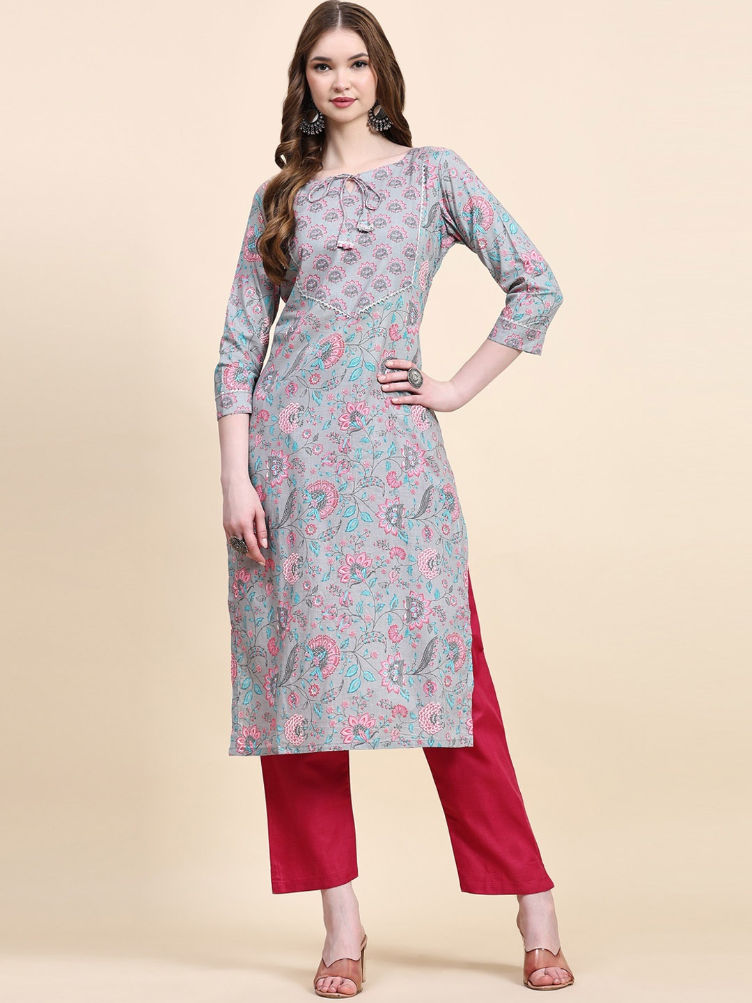 

Nimidiya Ethnic Motifs Printed Regular Pure Cotton Kurta With Trousers, Grey