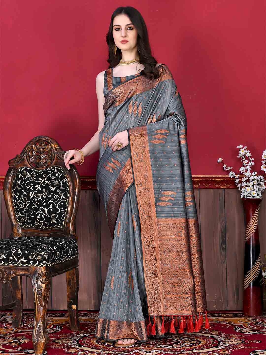 

YAVIRA SILK Woven Design Zari Silk Blend Bhagalpuri Saree, Grey