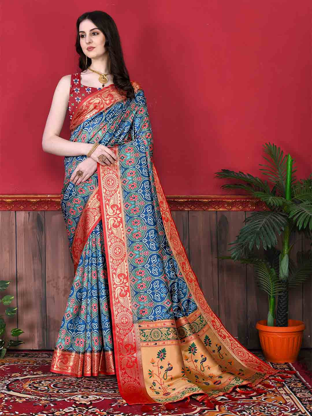 

YAVIRA SILK Ethnic Motifs Printed Zari Ready to Wear Patola Saree, Blue