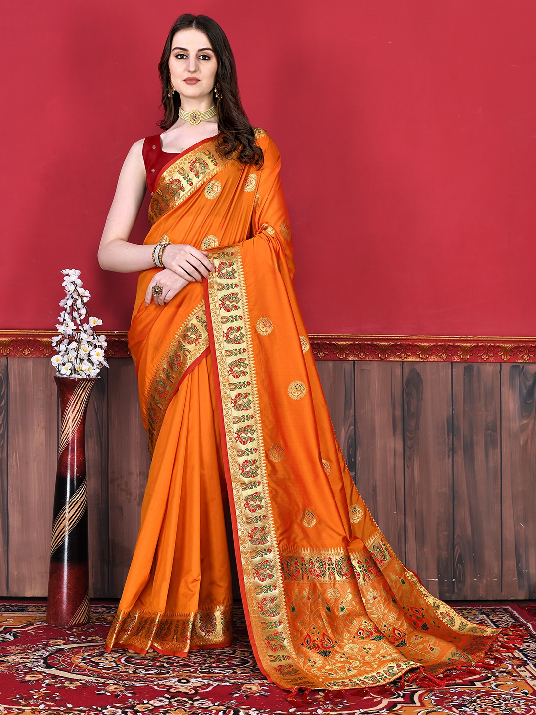 

YAVIRA SILK Ethnic Motifs Woven Design Zari Saree, Orange