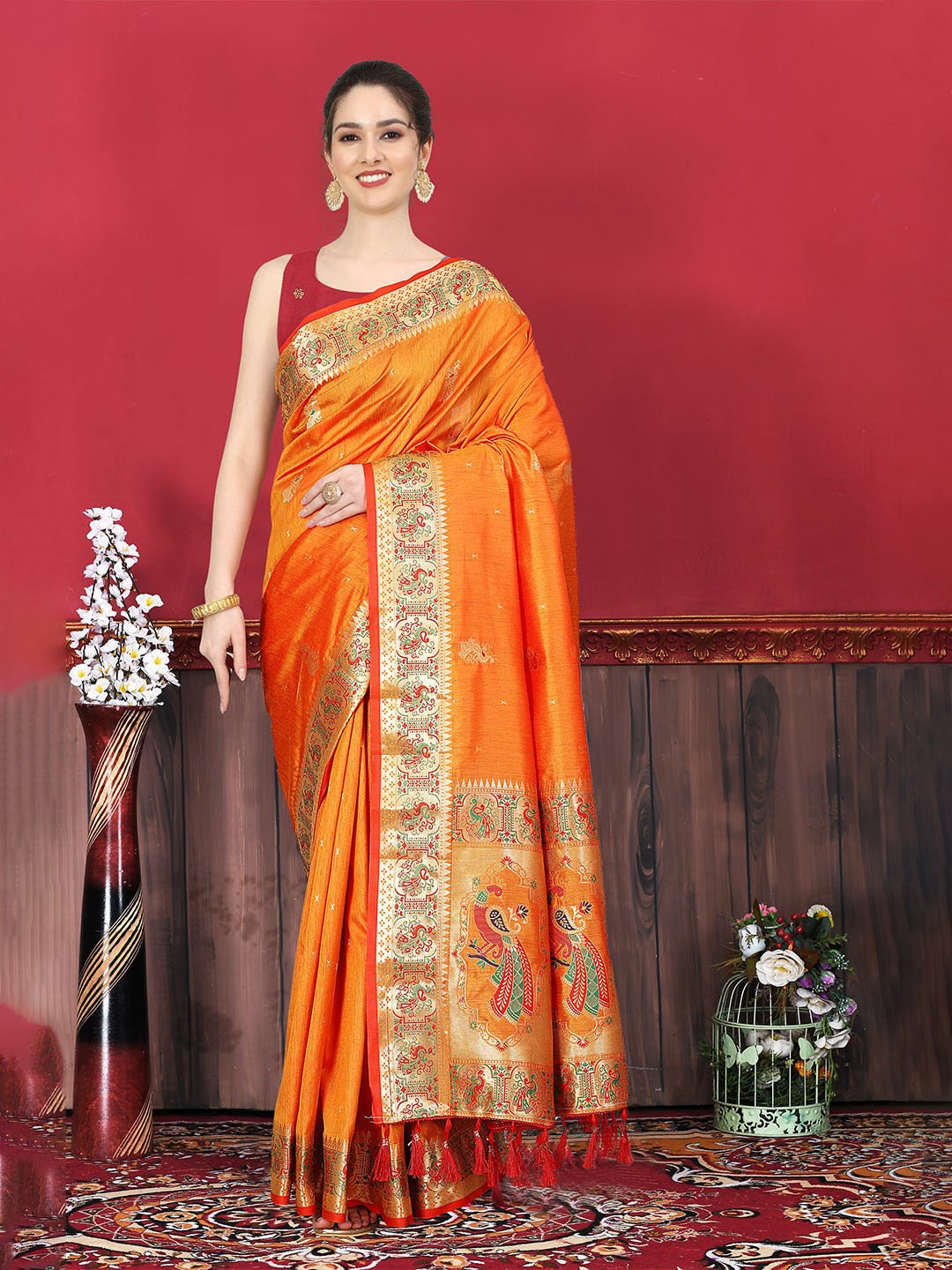 

YAVIRA SILK Ethnic Motifs Woven Design Zari Art Silk Kota Saree, Orange