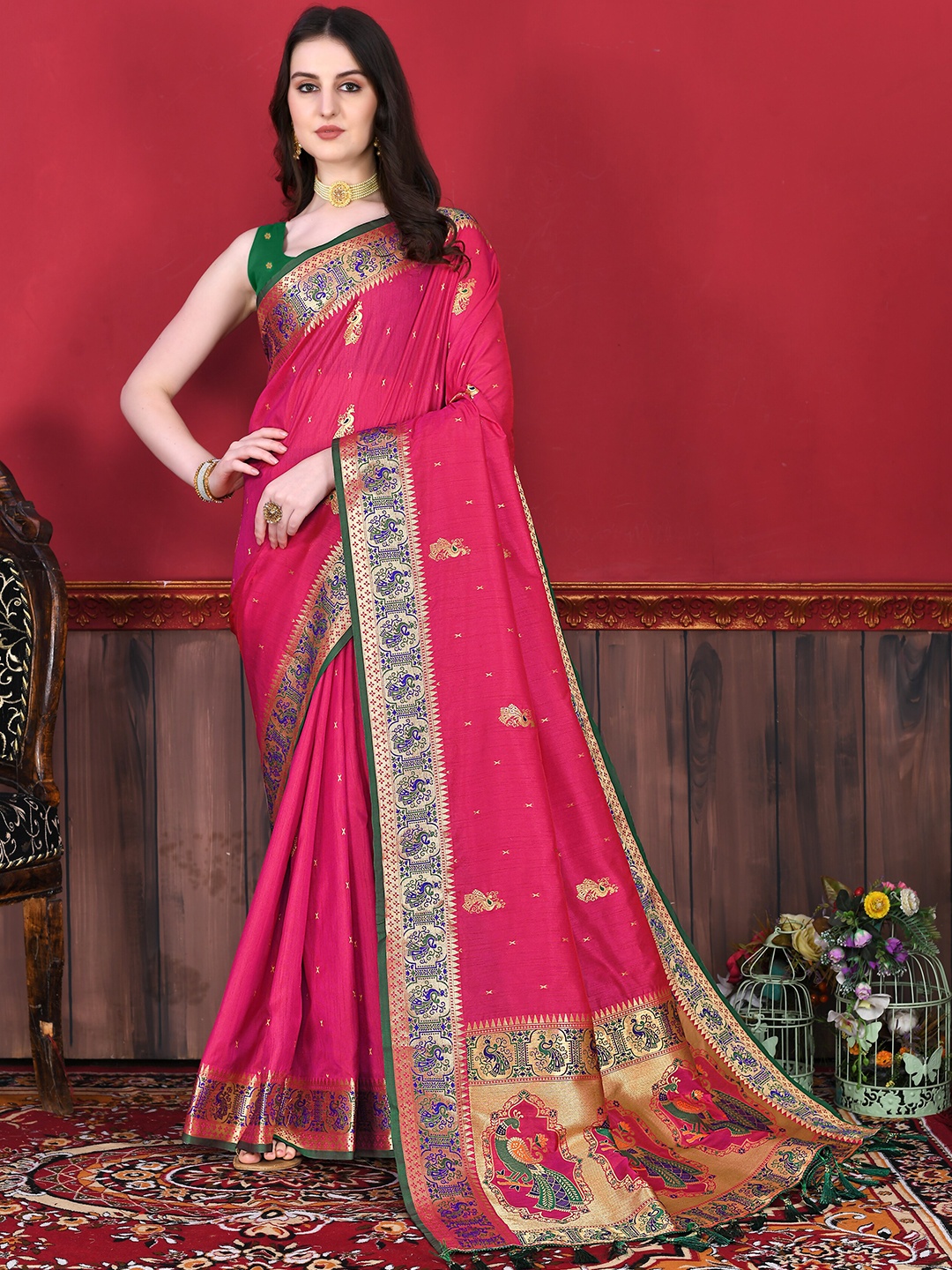 

YAVIRA SILK Ethnic Motifs Woven Design Zari Art Silk Kota Saree, Pink