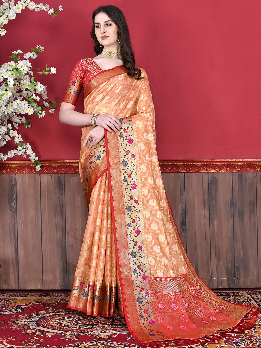 

YAVIRA SILK Woven Design Zari Tussar Saree, Orange