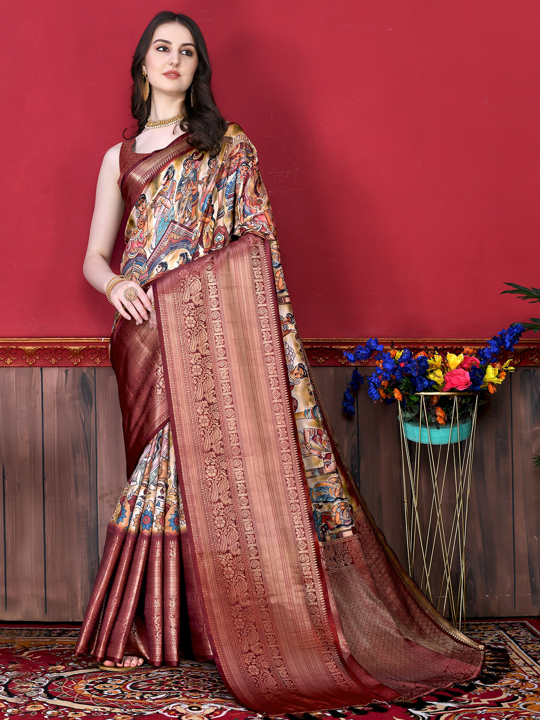 

YAVIRA SILK Kalamkari Zari Silk Blend Block Print Saree, White