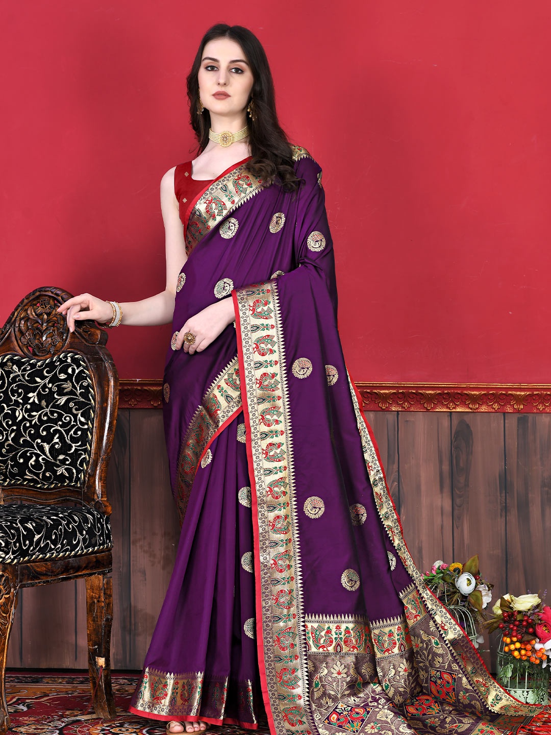 

YAVIRA SILK Ethnic Motifs Woven Design Zari Saree, Purple