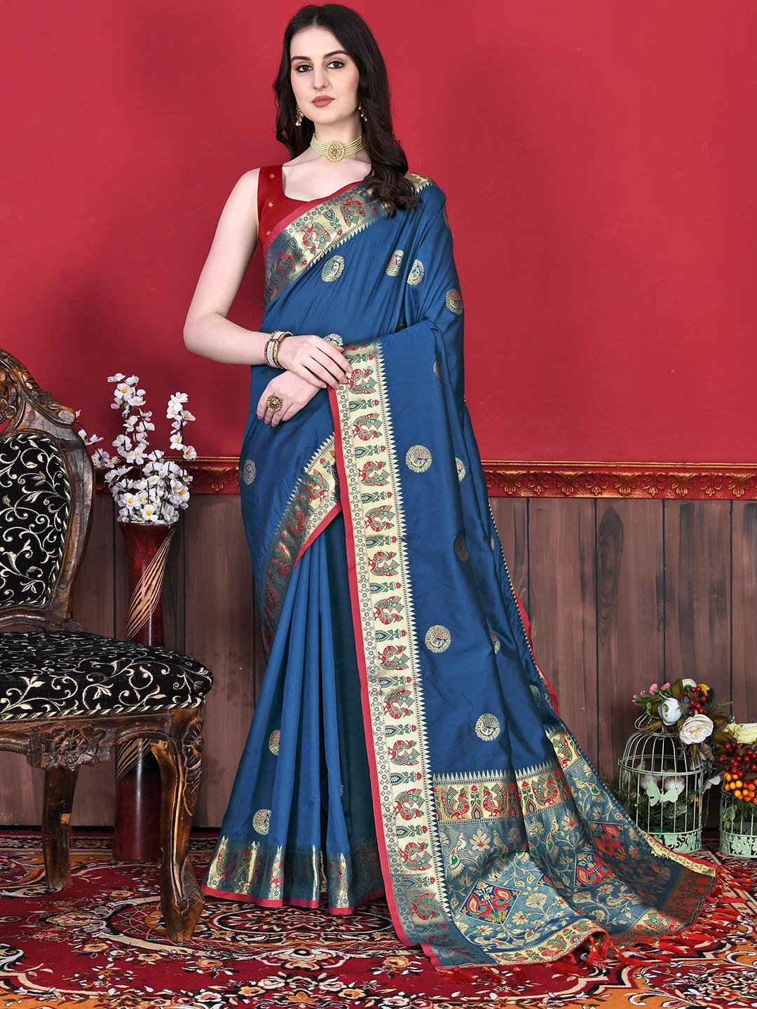 

YAVIRA SILK Woven Design Zari Kota Saree, Blue