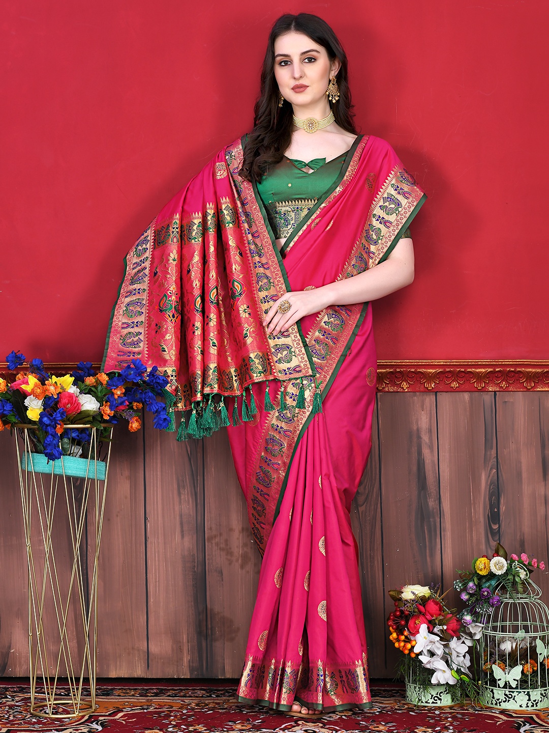 

YAVIRA SILK Ethnic Motifs Woven Design Zari Kota Saree, Pink