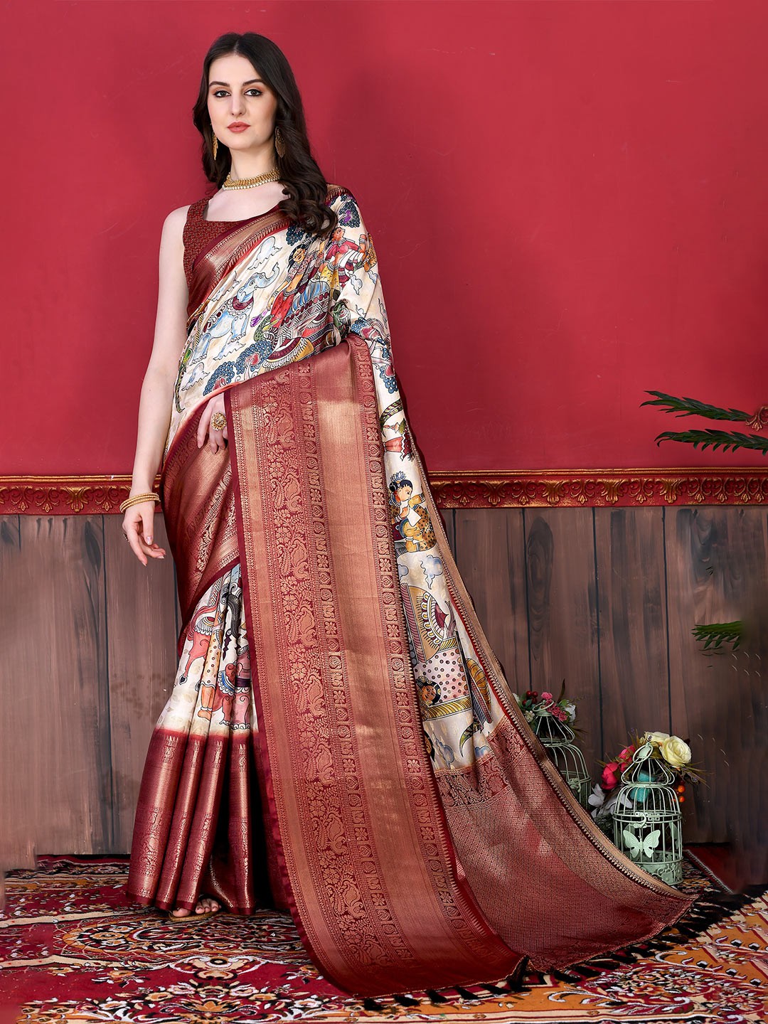 

YAVIRA SILK Kalamkari Printed Zari Block Print Saree, Maroon