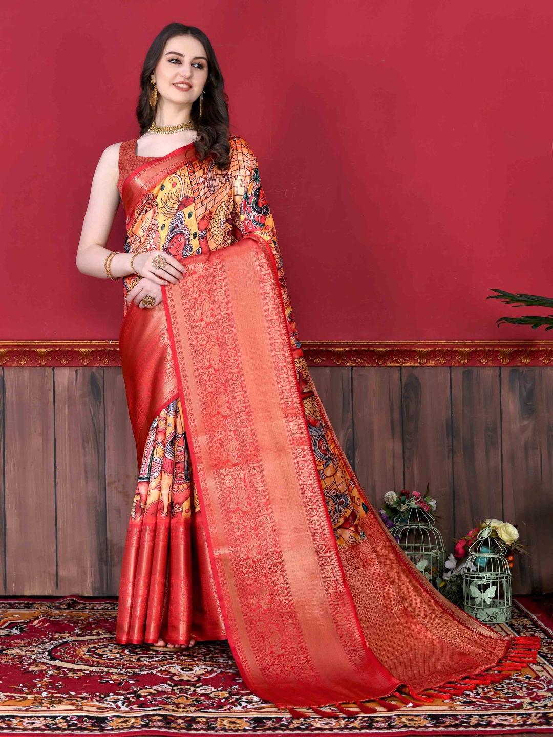 

YAVIRA SILK Kalamkari Block Printed Zari Saree, Red