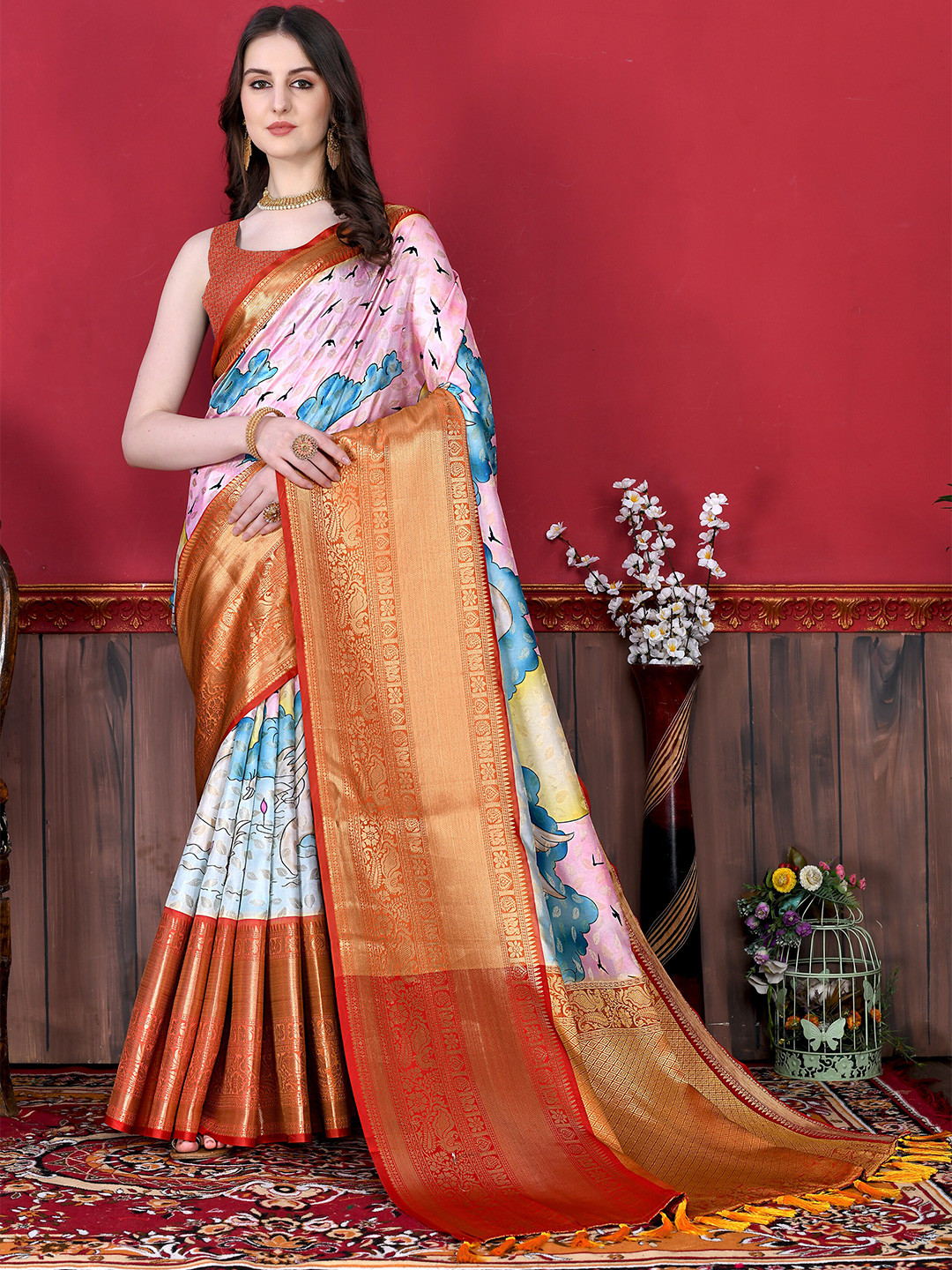 

YAVIRA SILK Graphic Printed Zari Saree, Pink