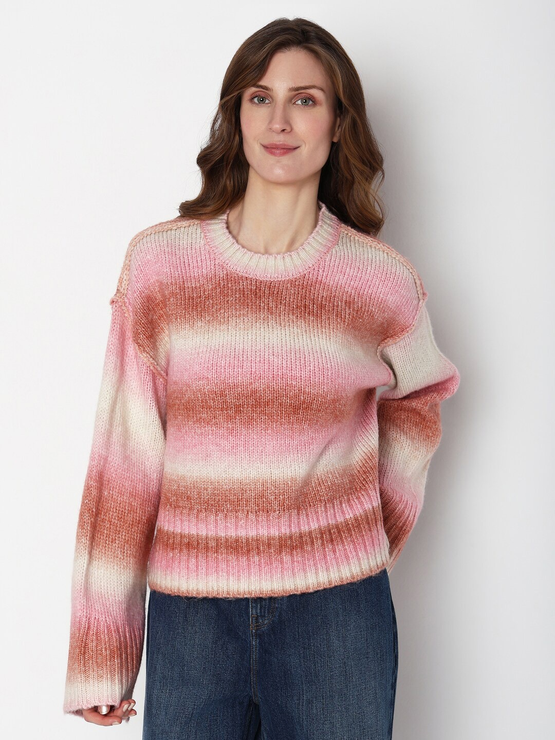 

Vero Moda Colourblocked Acrylic Pullover Sweaters, Pink