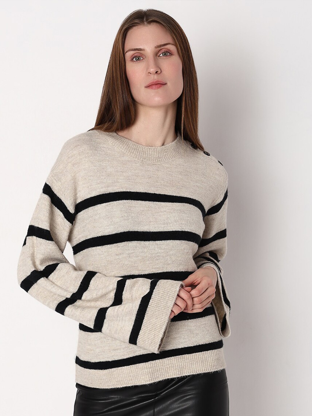 

Vero Moda Striped Acrylic Pullover Sweaters, Off white