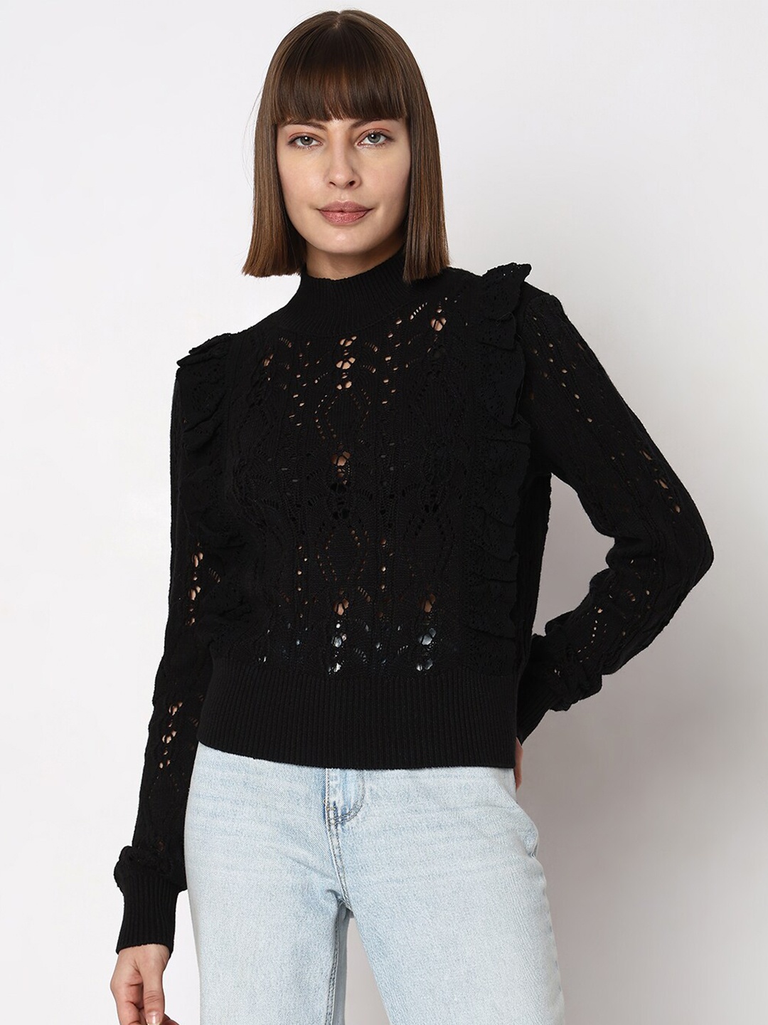

Vero Moda Open Knit Turtle Neck Pullover, Black
