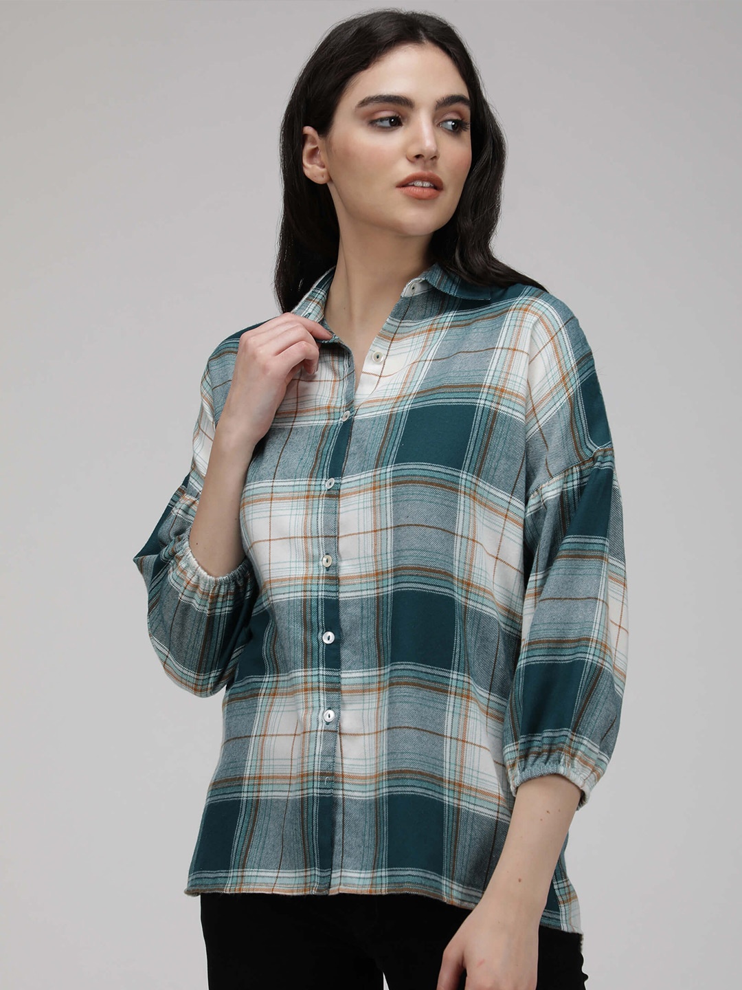 

IDK Tartan Checked Puff Sleeves Casual Shirt, Green