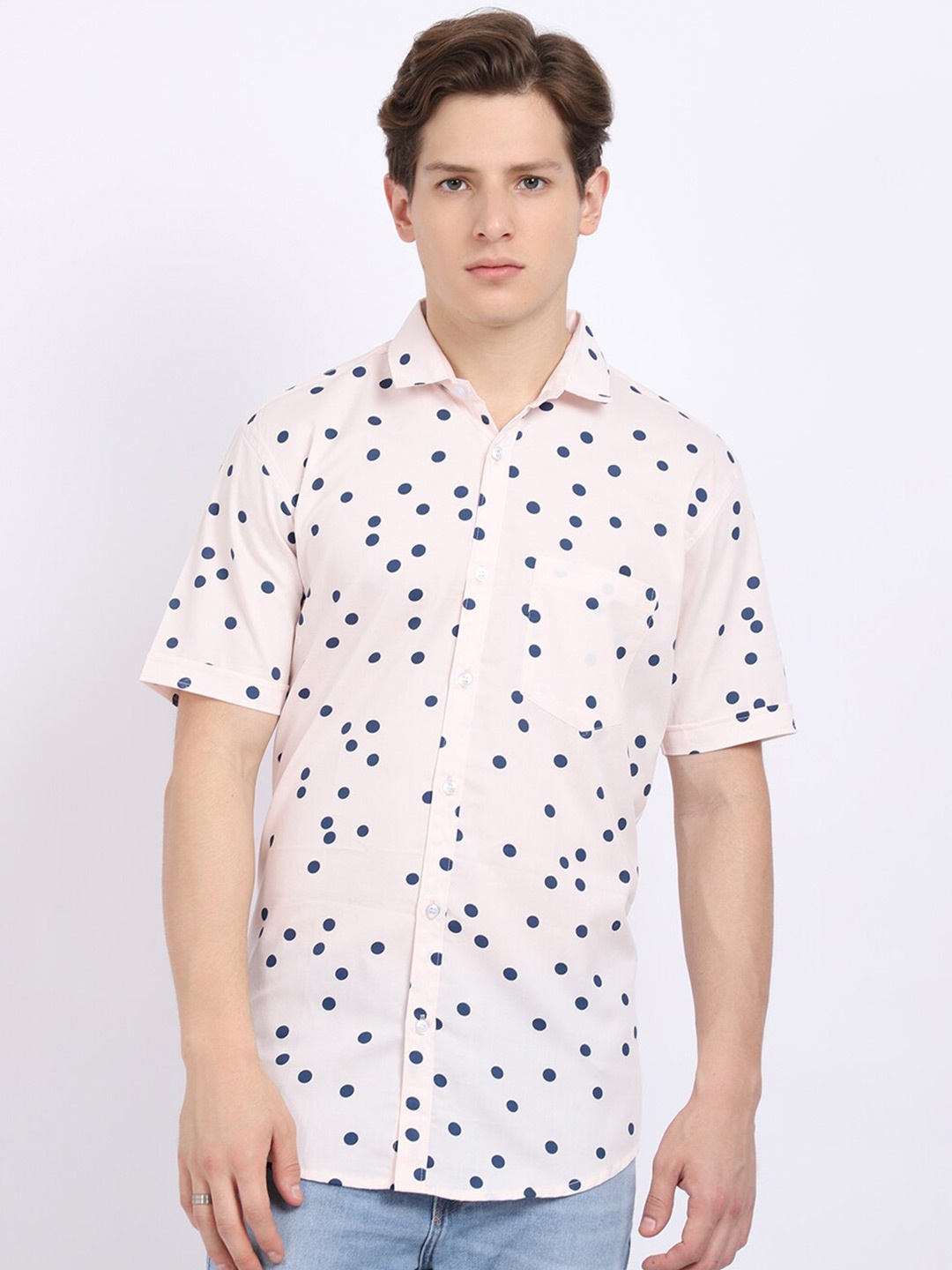 

HANUMNTRA Spread Collar Comfort Polka Dots Printed Casual Shirt, Cream