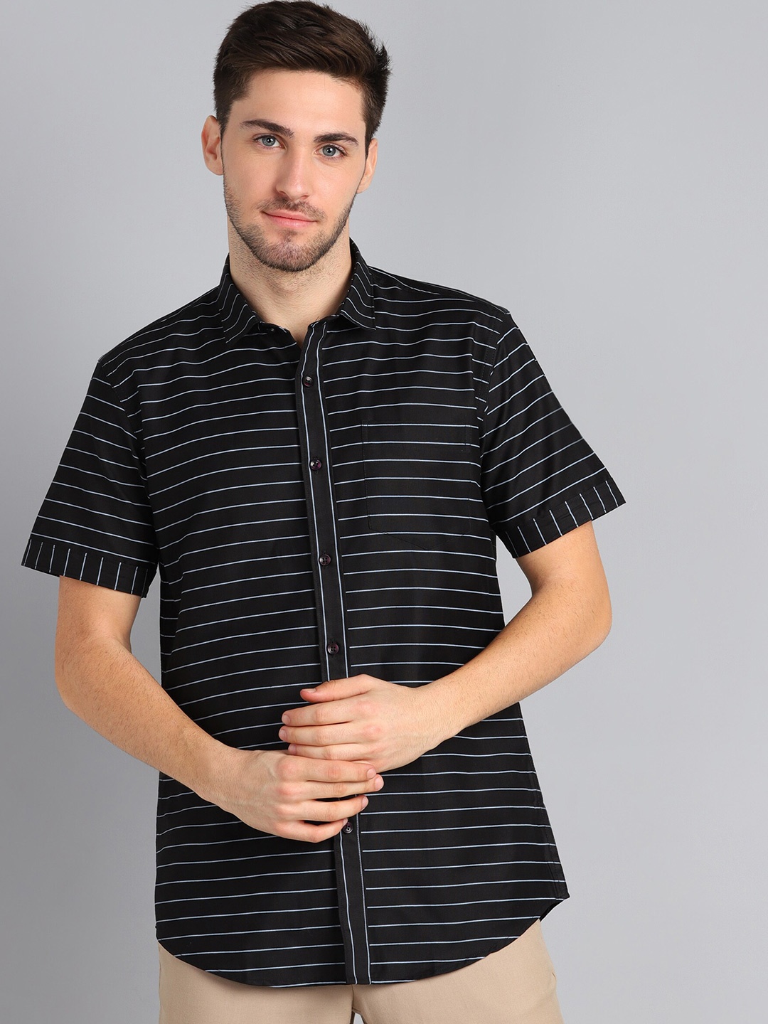 

HANUMNTRA Spread Collar Comfort Striped Casual Shirt, Black
