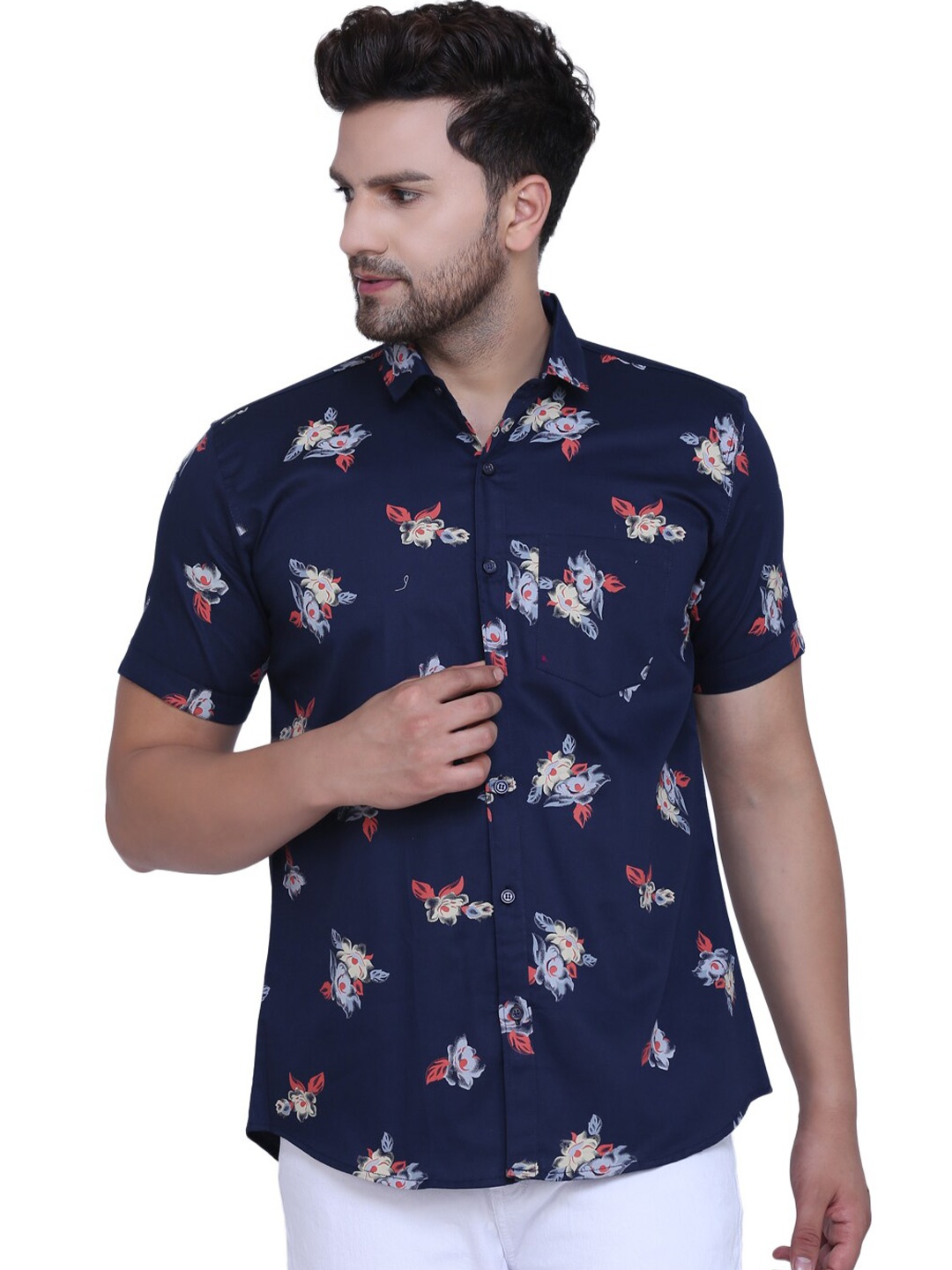 

HANUMNTRA Comfort Floral Printed Casual Shirt, Navy blue