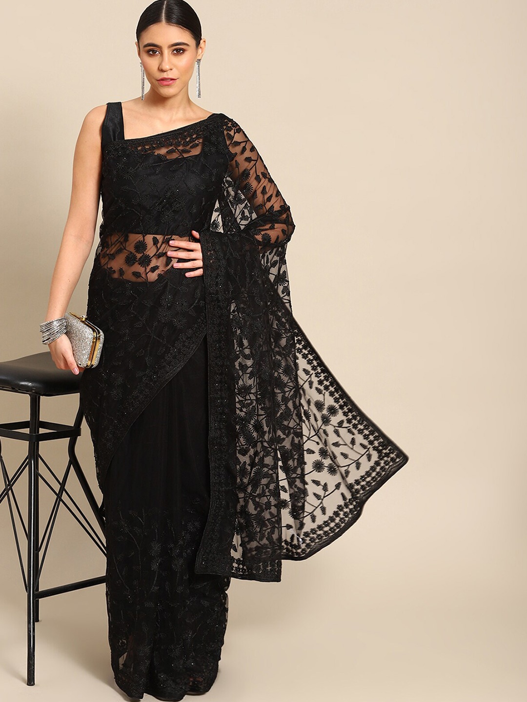 

ODETTE Floral Embroidered Net Saree, Black