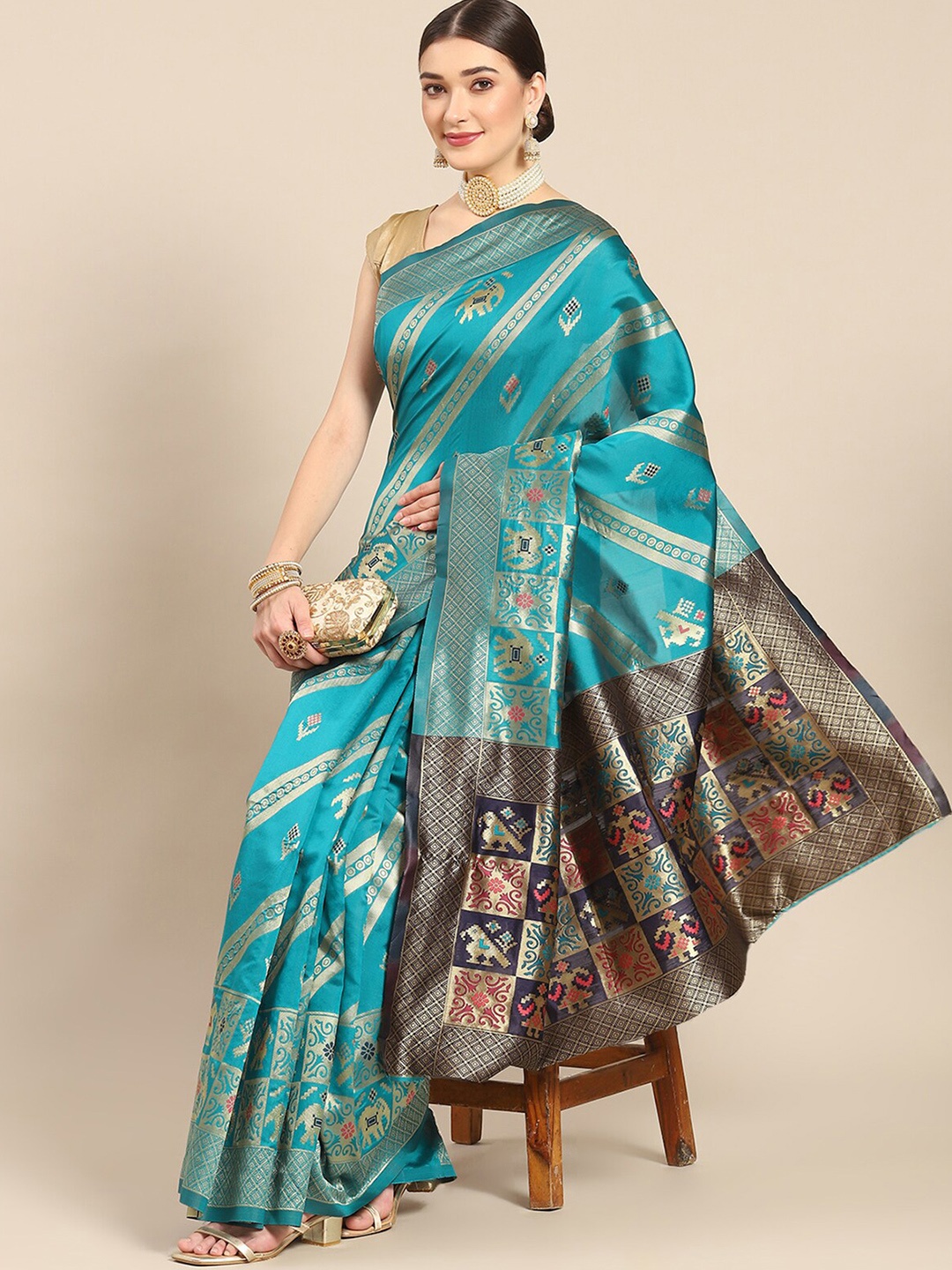 

ODETTE Ethnic Motifs Woven Design Zari Silk Blend Saree, Blue