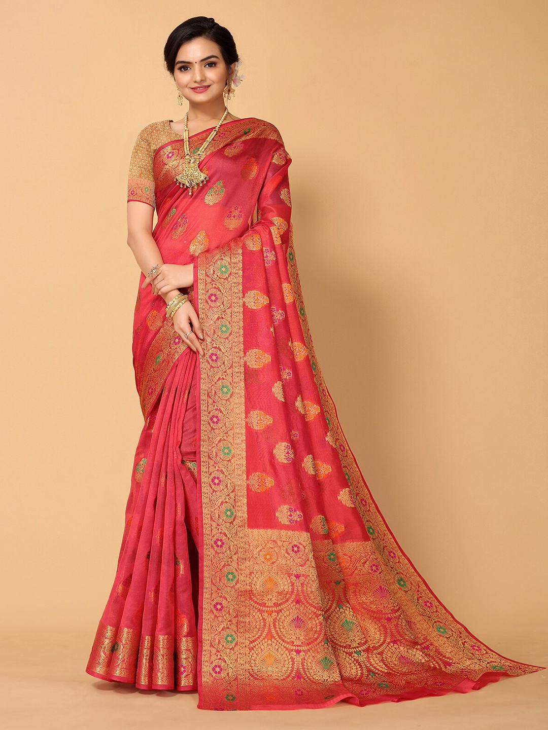 

ODETTE Ethnic Motifs Woven Design Zari Saree, Red
