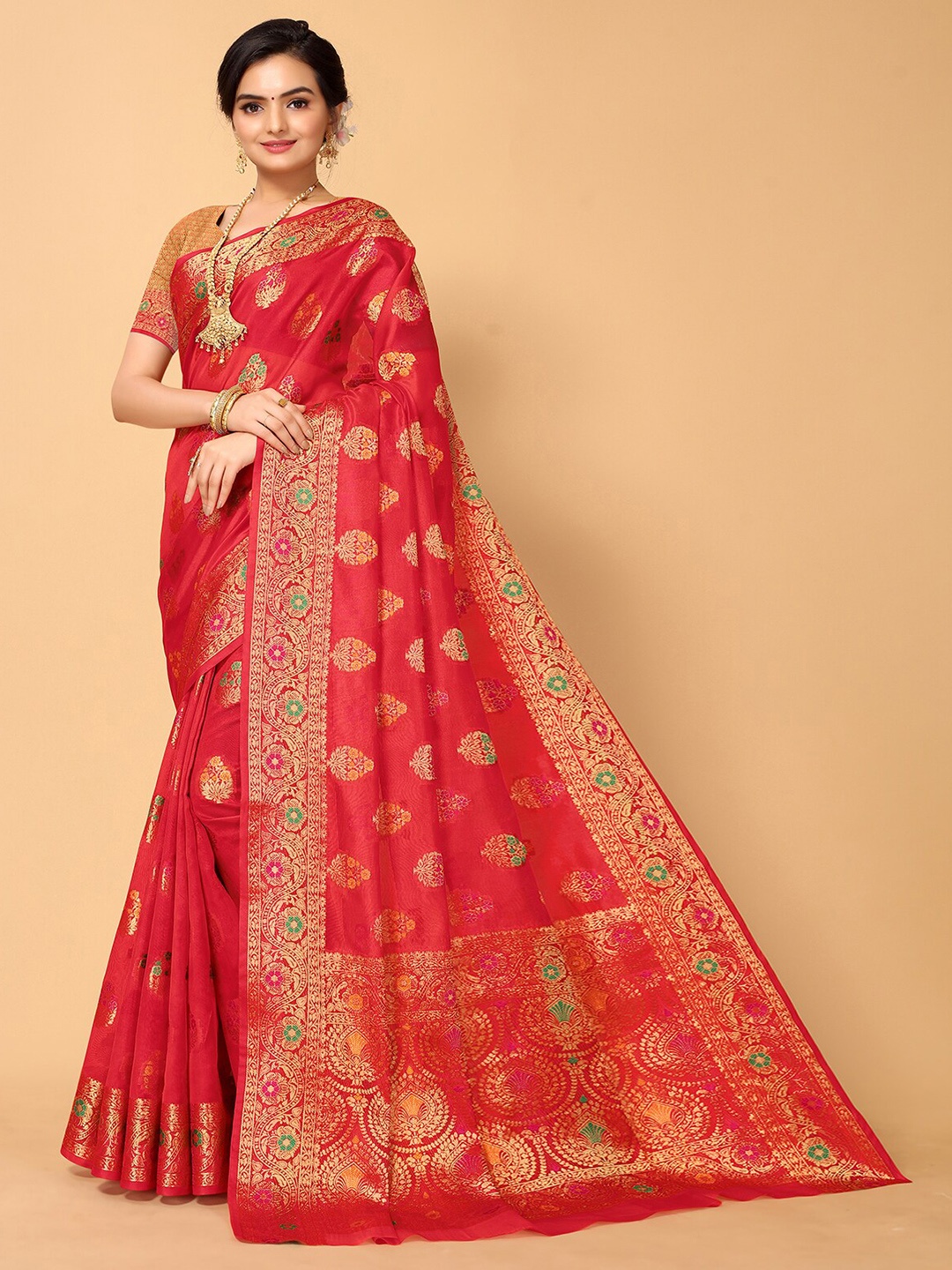 

ODETTE Ethnic Motifs Woven Design Zari Organza Saree, Red
