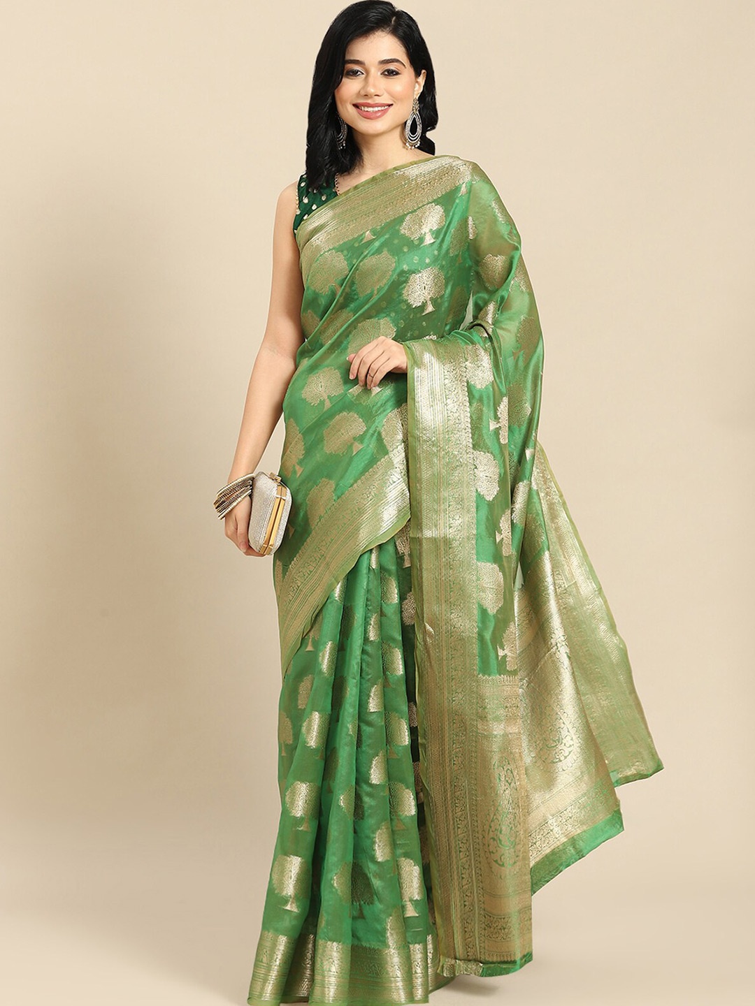 

ODETTE Ethnic Motifs Woven Design Zari Organza Saree, Green