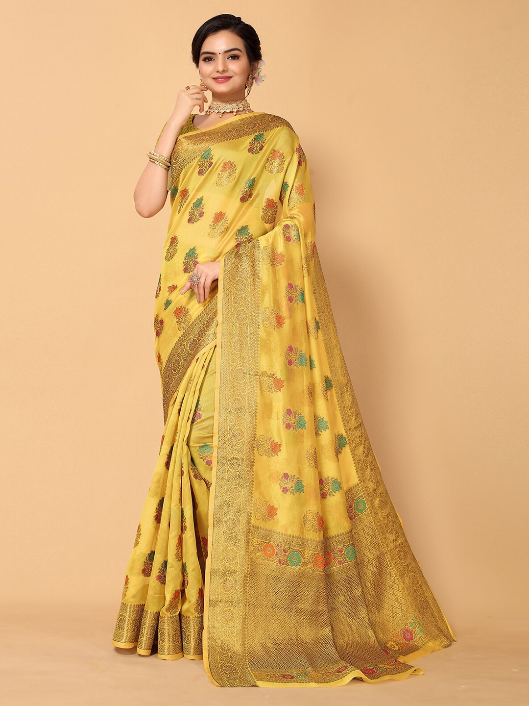 

ODETTE Ethnic Motifs Woven Design Zari Organza Saree, Yellow