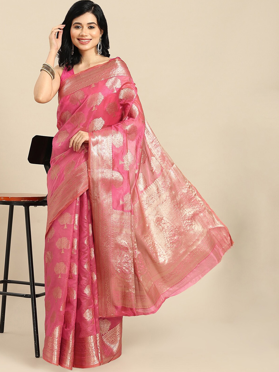 

ODETTE Ethnic Motifs Woven Design Zari Organza Saree, Pink