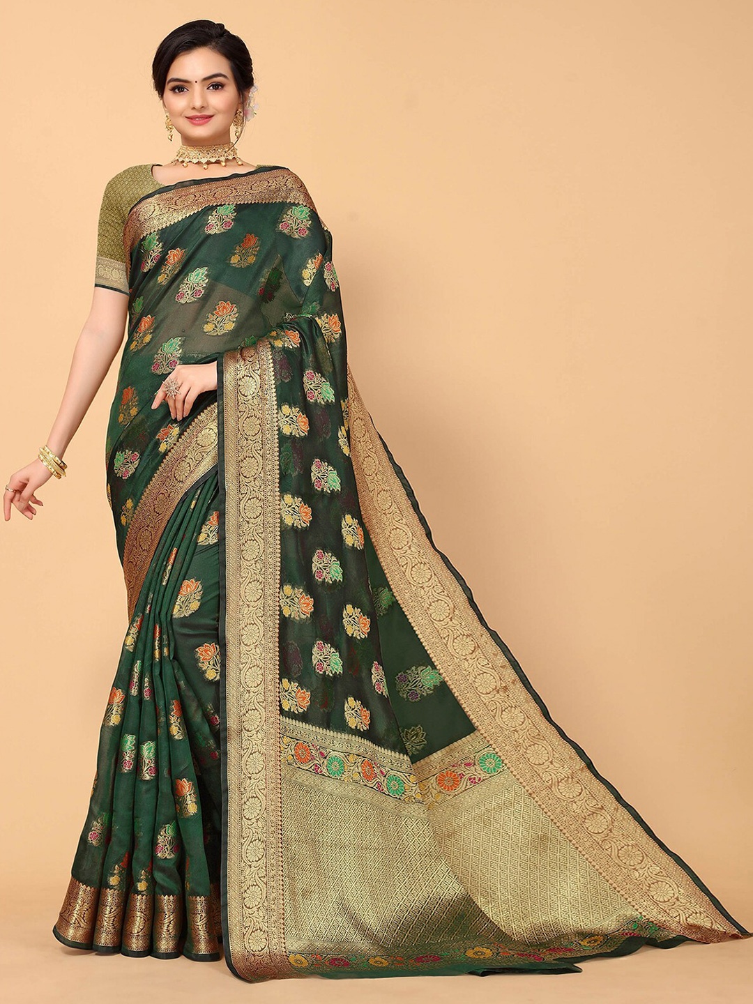 

ODETTE Ethnic Motifs Woven Design Zari Organza Saree, Green