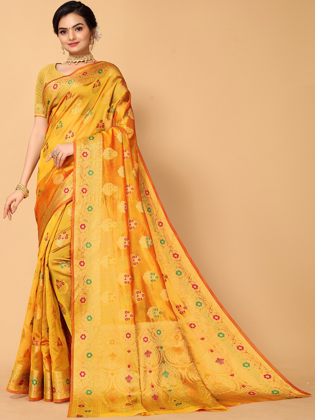 

ODETTE Woven Design Zari Organza Saree, Orange
