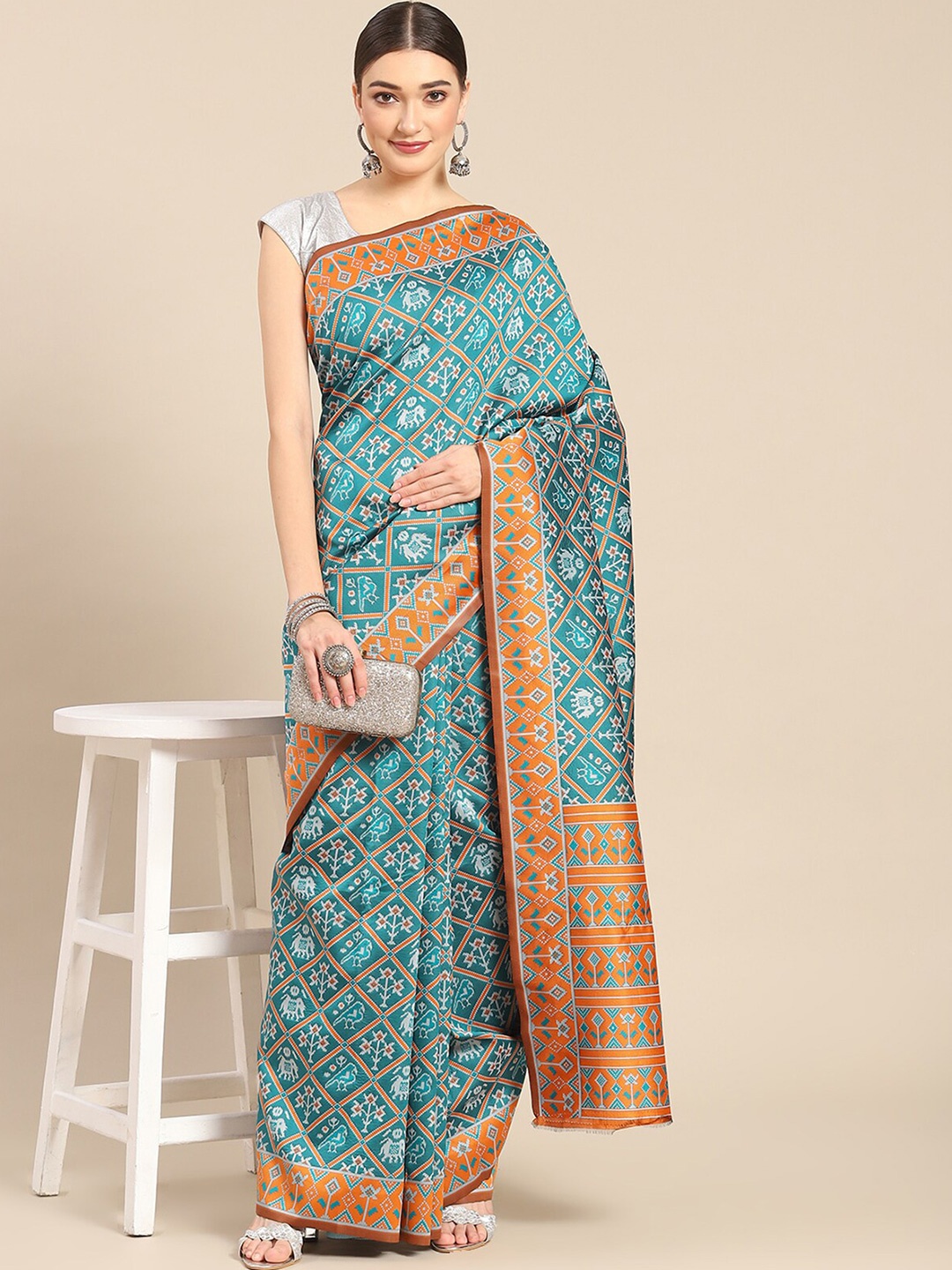 

ODETTE Ethnic Motifs Printed Silk Blend Saree, Blue
