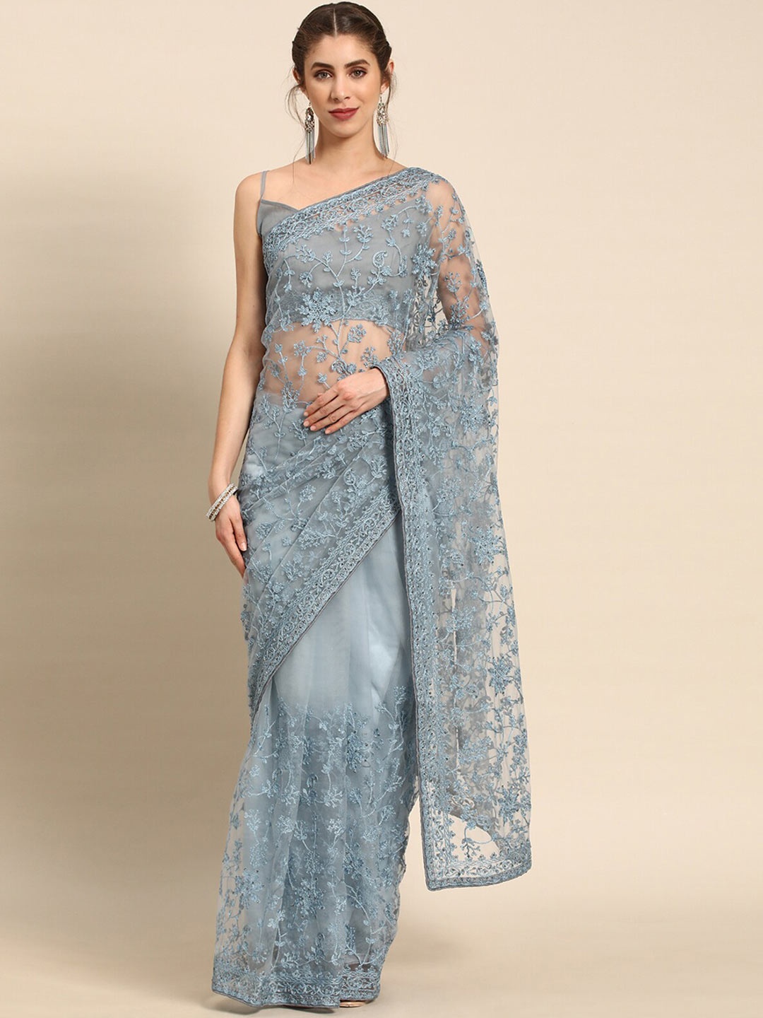

ODETTE Ethnic Motifs Embroidered Net Saree, Grey