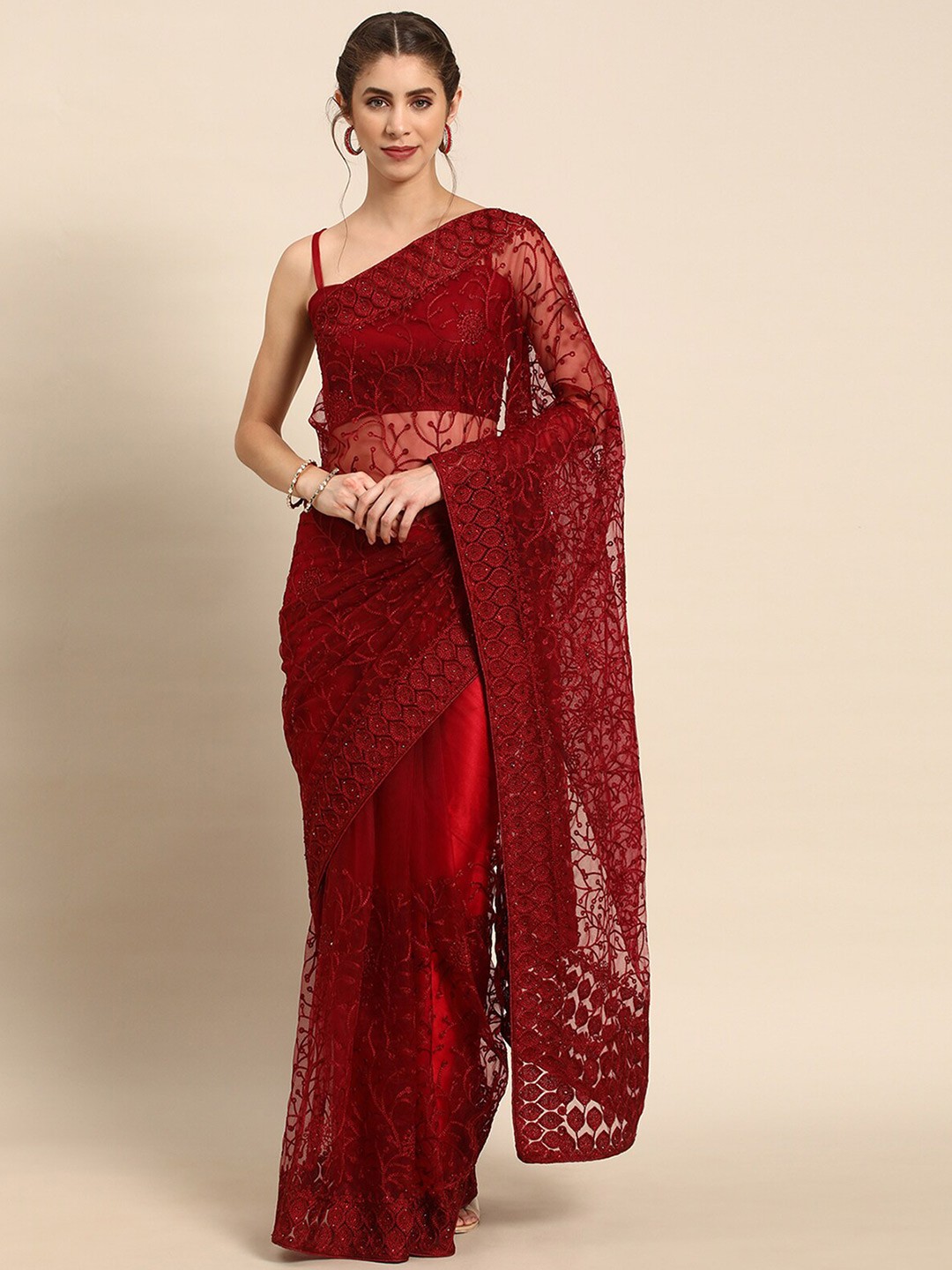

ODETTE Floral Embroidered Net Saree, Red