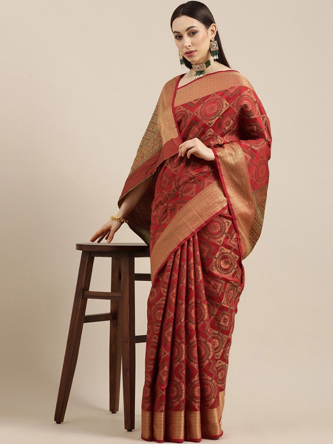 

ODETTE Ethnic Motifs Woven Design Zari Saree, Red