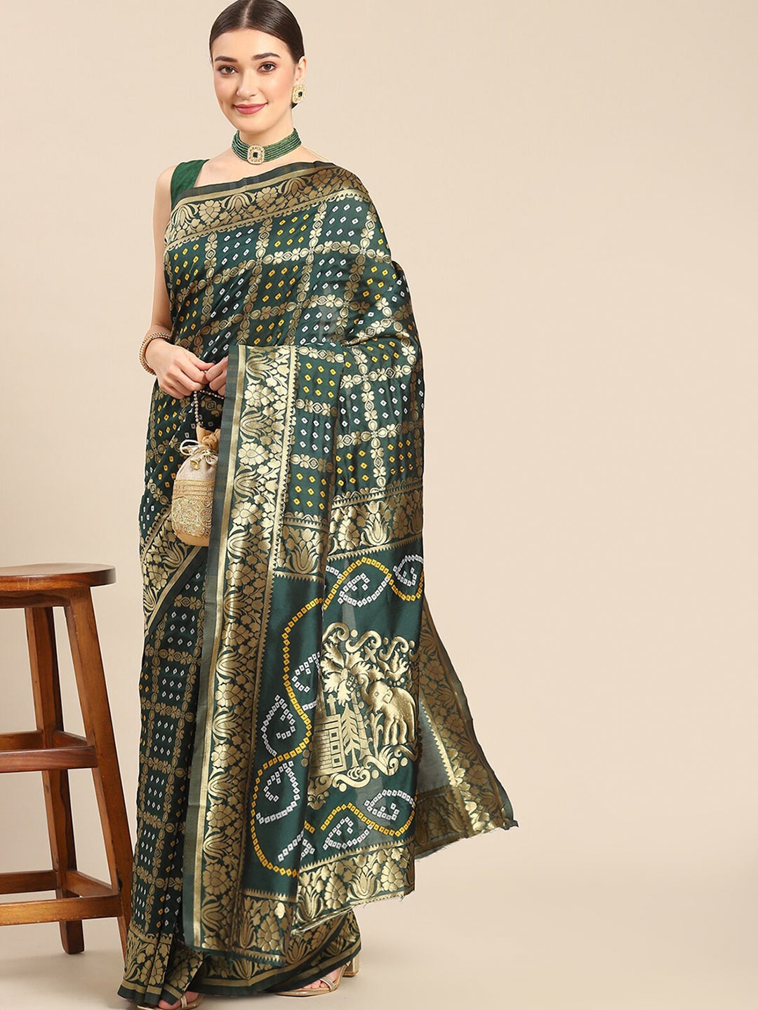 

ODETTE Ethnic Motifs Woven Design Zari Saree, Green
