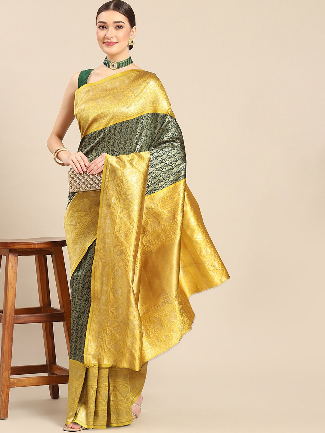 

ODETTE Woven Design Zari Silk Blend Saree, Green