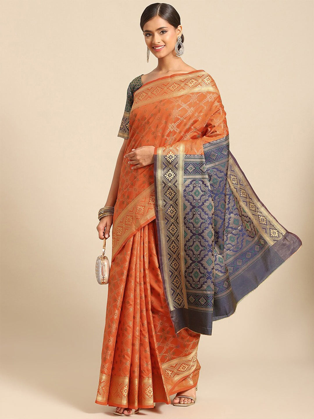 

ODETTE Ethnic Motifs Woven Design Zari Saree, Orange