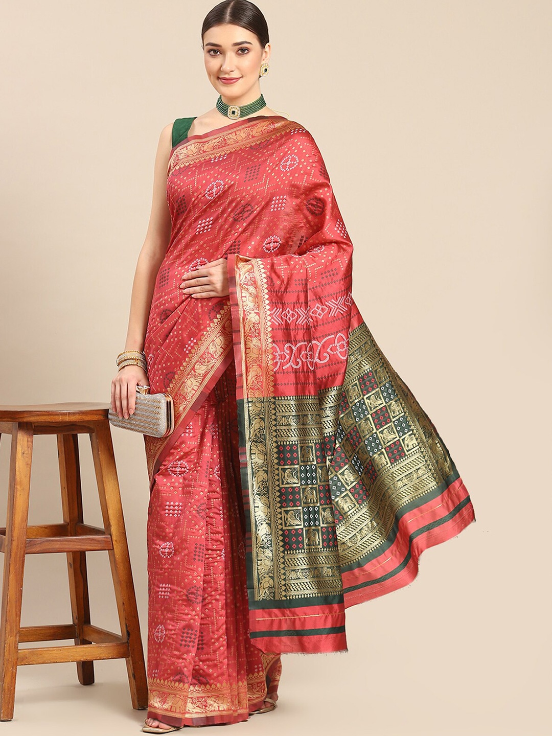 

ODETTE Ethnic Motifs Woven Design Zari Saree, Red