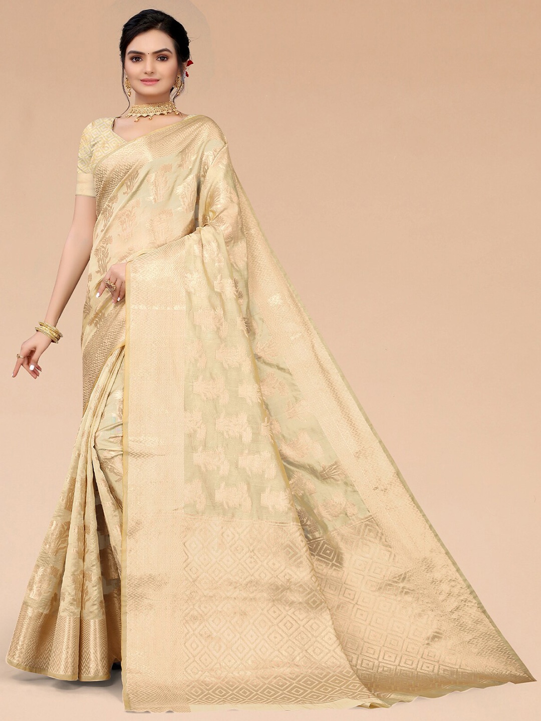

ODETTE Ethnic Motifs Woven Design Zari Organza Saree, Beige
