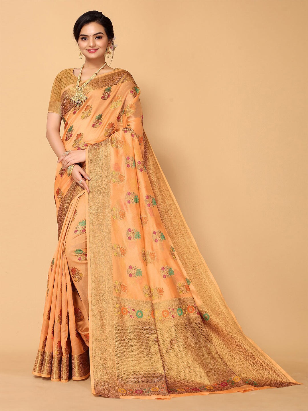 

ODETTE Floral Woven Design Zari Organza Saree, Peach
