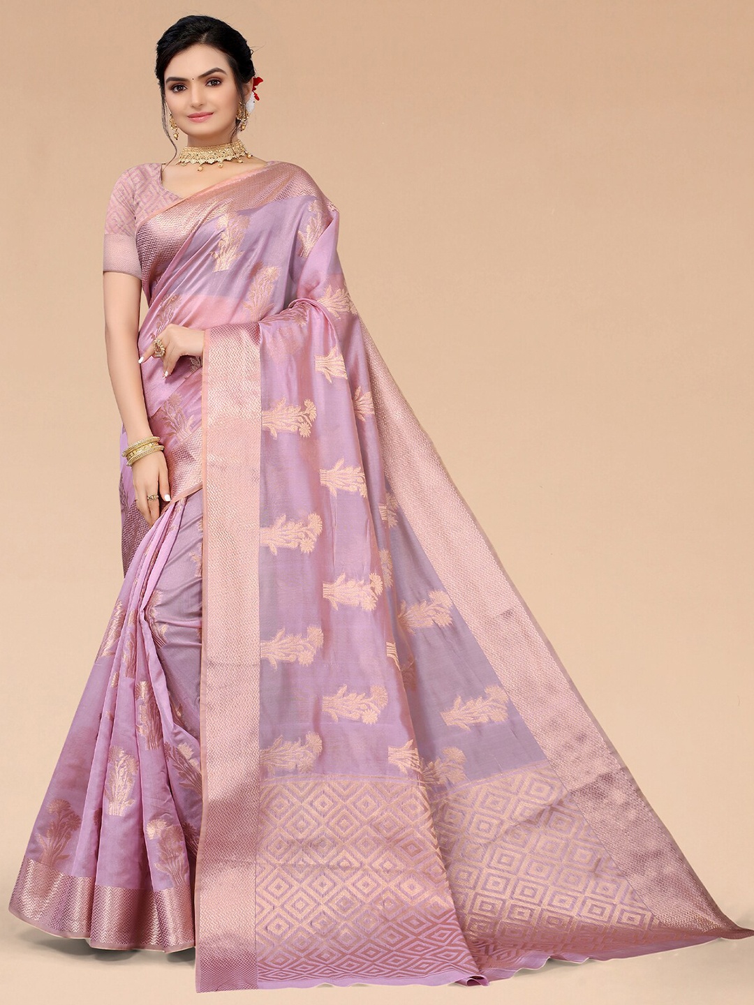 

ODETTE Ethnic Motifs Woven Design Zari Organza Saree, Purple