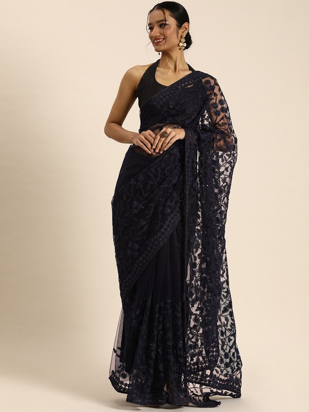 

ODETTE Floral Embroidered Beads And Stones Net Saree, Navy blue