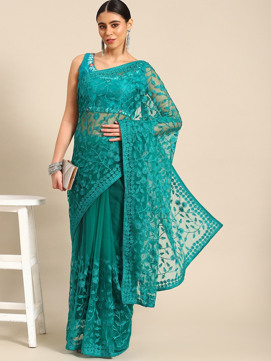 

ODETTE Floral Embroidered Net Saree, Green
