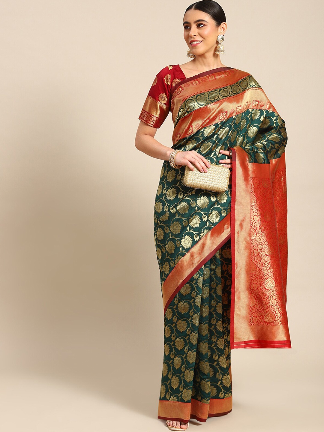 

ODETTE Ethnic Motifs Woven Design Zari Silk Blend Saree, Green