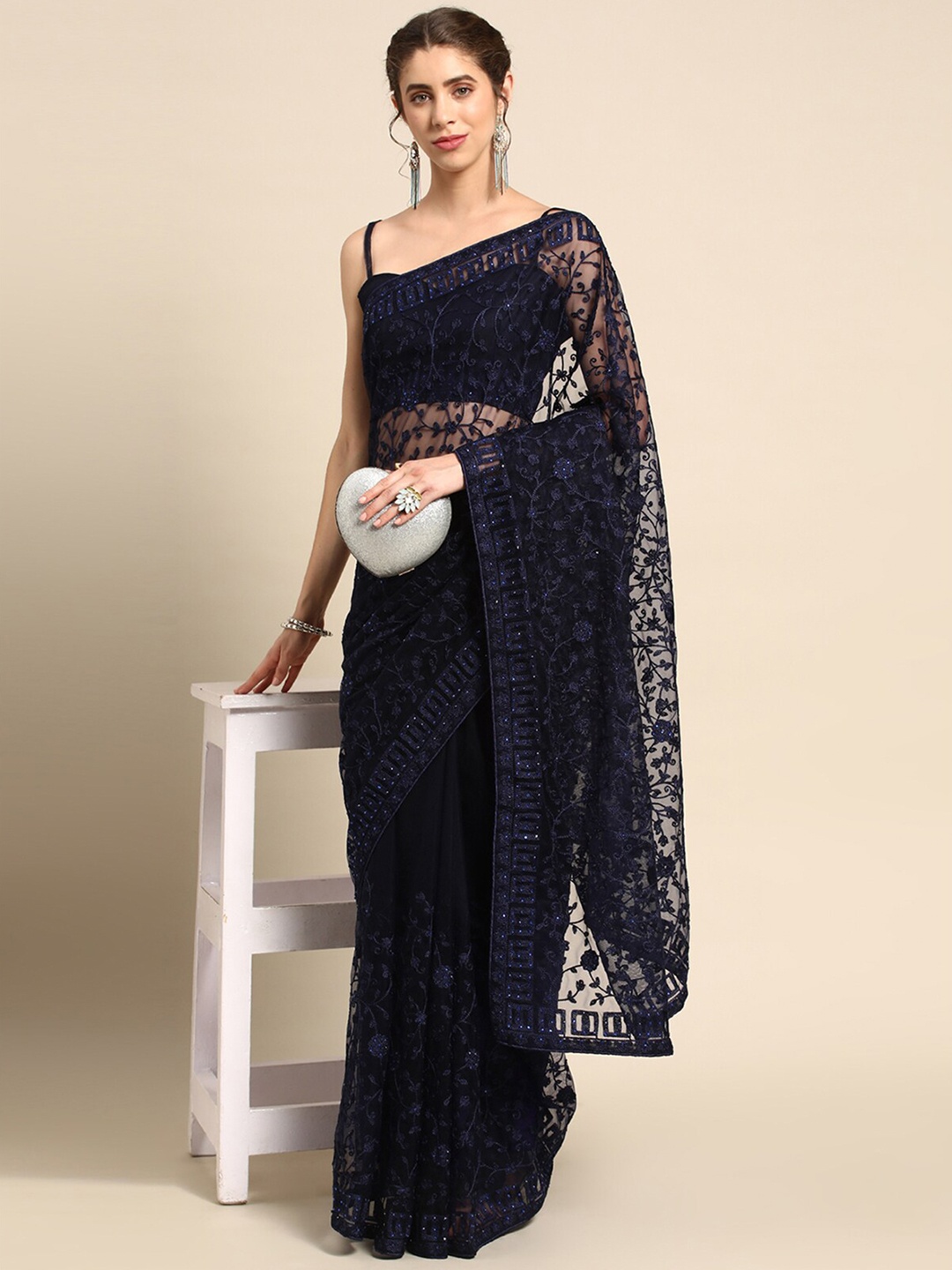 

ODETTE Ethnic Motifs Embroidered Net Saree, Blue