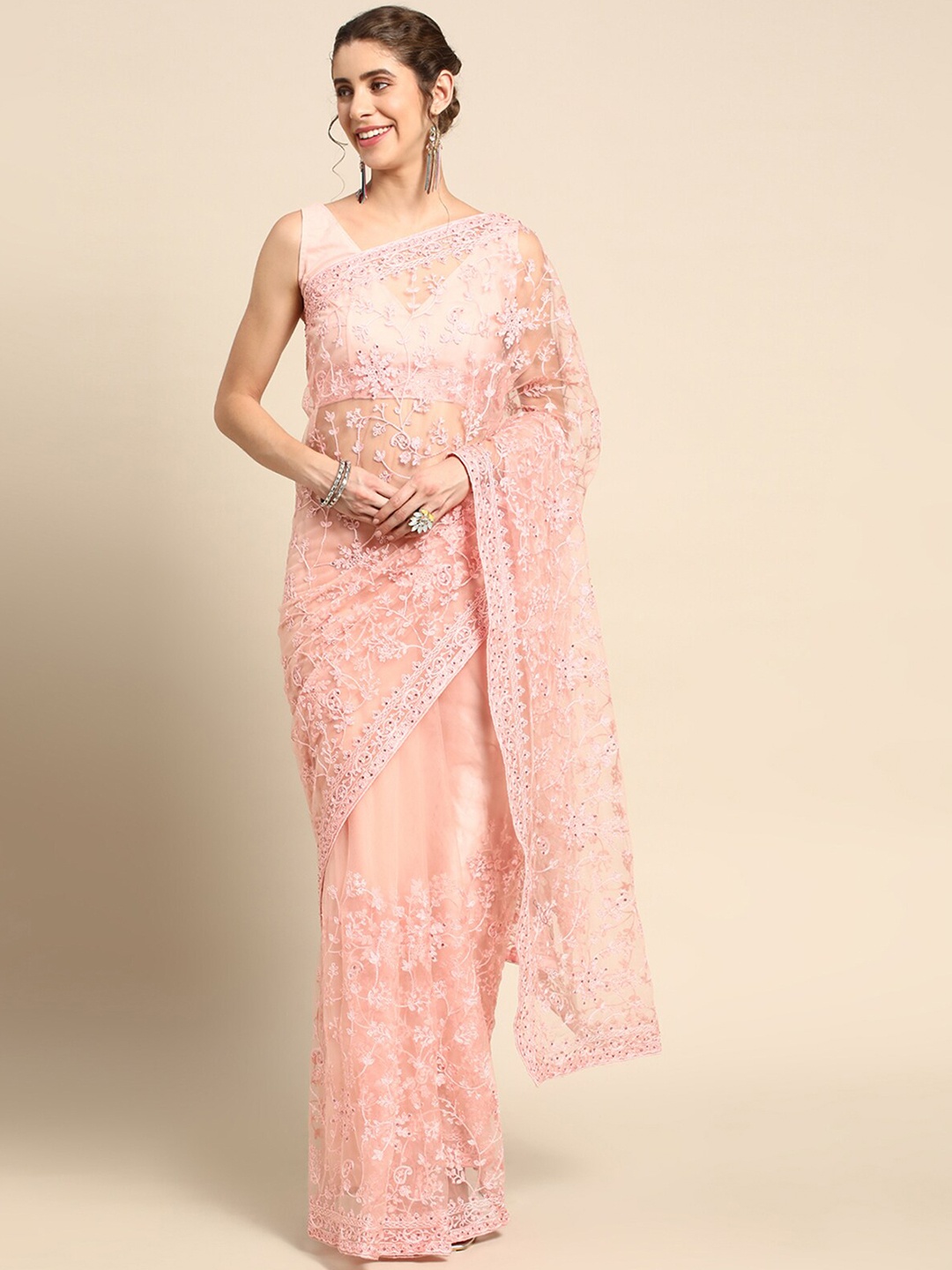 

ODETTE Floral Embroidered Beads and Stones Net Saree, Peach