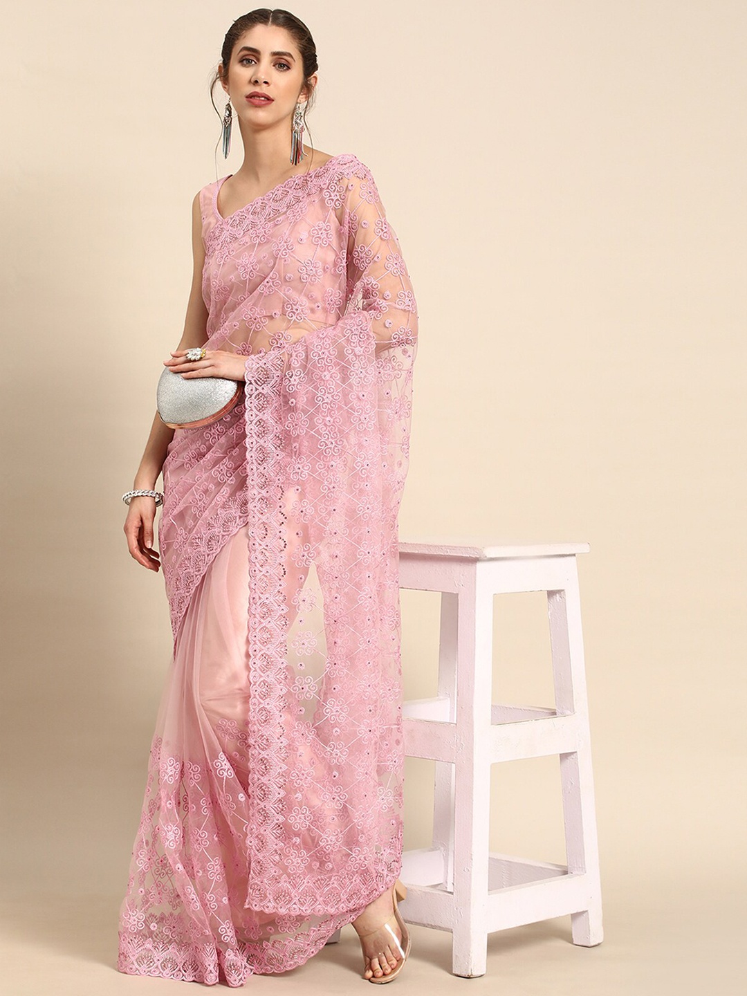 

ODETTE Floral Embroidered Net Saree, Pink