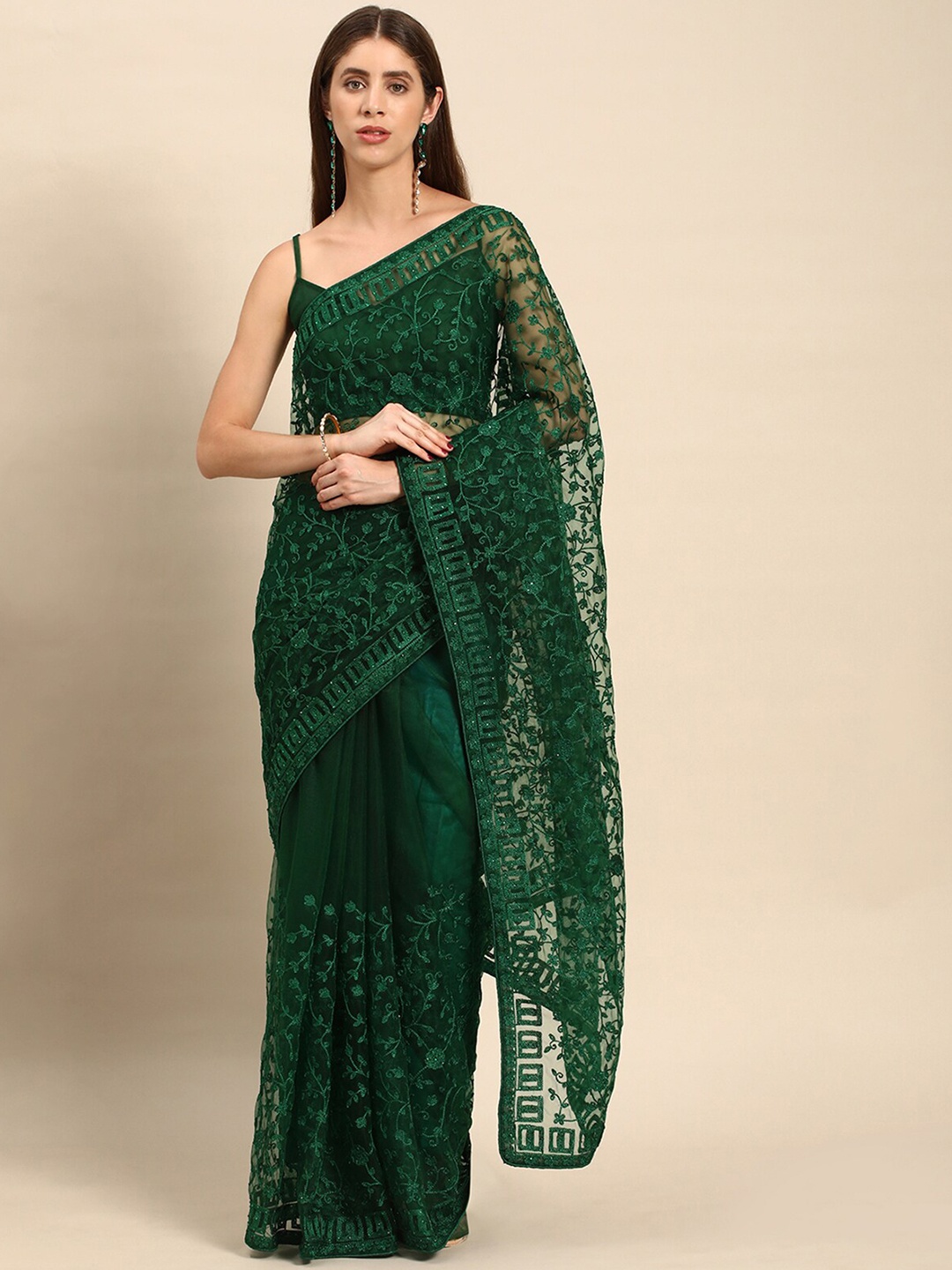 

ODETTE Floral Embroidered Net Saree, Green